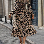 Elasticated Waist High Waisted Contrast Color Leopard Pleated Split-Joint V-Neck Maxi Dresses