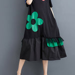 Loose Short Sleeves Floral Printed Split-Joint Round-Neck Midi Dresses
