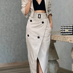 Work Style Lapel Long Sleeve Jacket and Button Belt Pocketed Slit Midi Skirt Set