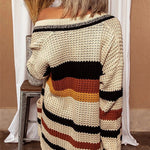 Knitted Striped Printed Loose V-neck Long-sleeved Casual Cardigan