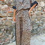 Leopard Print Color Block Short Sleeve Loose Shirt and Elastic Waist Pocket Pants Set