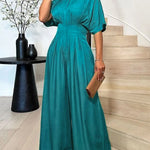 Half Sleeves High Waisted Pleated Solid Color Mock Neck Jumpsuits