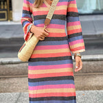 Striped contrast v-neck knitted dress
