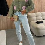 Embroidered Floral V-neck Long-sleeved Button-knit Cardigan