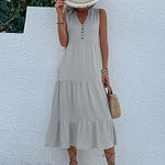 Loose Sleeveless Pleated Split-Joint V-Neck Midi Dresses