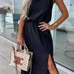 Casual Solid Bandage Oblique Collar Sleeveless Dress Dresses