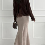 Caitlin Knit Lace Trim Patchwork Long Sleeve Back Slit Relaxed Sweater