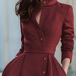 A-Line High Waisted Buttoned Pockets Solid Color Split-Joint Stand Collar Midi Dresses