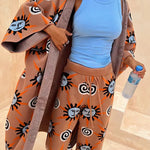 Mediterranean Art Knit Unique Sun Vortex Print Elastic Waist Wide Leg Pants