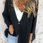 Solid Color V-neck Loose Long-sleeved Button Top