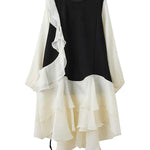 High-Low Long Sleeves Contrast Color Ruffle Trim Split-Joint Round-Neck Midi Dresses