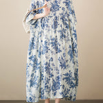 Loose Short Sleeves Floral Printed Pleated Split-Joint Round-Neck Midi Dresses