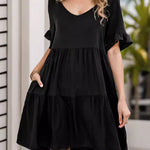 A-Line Flared Sleeves Pleated Pockets Ruffled Solid Color Split-Joint Round-Neck Mini Dresses