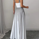 A-Line Sleeveless Contrast Color Pleated Split-Joint Striped Spaghetti-Neck Maxi Dresses