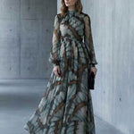 Balloon Sleeves Long Sleeves Big Hemline Contrast Color Pleated Print Zipper Stand Collar Maxi Dresses