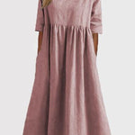 A-Line Half Sleeves Pleated Pockets Solid Color Round-Neck Midi Dresses