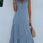 Loose Sleeveless Pleated Split-Joint V-Neck Midi Dresses