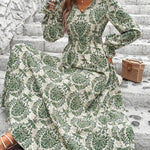 Loose Puff Sleeves Elasticity Printed Split-Joint V-Neck Maxi Dresses