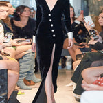 Long Sleeves Skinny Asymmetric Buttoned Shoulder Pad Split-Front Deep V-Neck Maxi Dresses