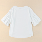 White Solid Color Casual Bubble Sleeve Blouse