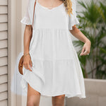 A-Line Flared Sleeves Pleated Pockets Ruffled Solid Color Split-Joint Round-Neck Mini Dresses