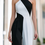 Black & White Halter Neck Colorblock Wide-Leg Jumpsuit