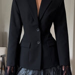 Solid Color Lace Panel Long Sleeve Button Elegant Blazer