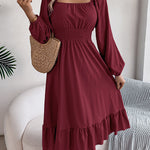 A-Line Elasticated Waist Pleated Ruffled Solid Color Square-Neck Midi Dresses