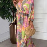 Summer Bold Floral Print Elastic Waist Backless Slit Casual Maxi Dress