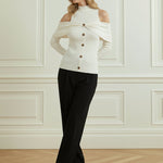 Long Sleeves Skinny Buttoned Pleated Ribbed Knit Cold Shoulder Knit Top