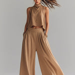 Women's Sand Woven Set With Sleeveless Turtleneck & Pleated Trousers, Modern Effortless-Chic Style Set