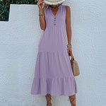 Loose Sleeveless Pleated Split-Joint V-Neck Midi Dresses