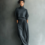 Women's Charcoal Knit Fabric Turtleneck Oversized Top & Wide-Leg Pants Set