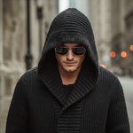 Men's Autumn And Winter Fashion Solid Color Cotton Yarn Knitted Long Hooded Cardigan