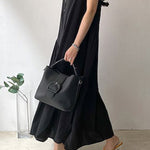A-Line Loose Buttoned Pleated Ruffled Solid Color Split-Joint Tiered Stand Collar Midi Dresses