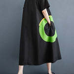 Loose Short Sleeves Contrast Color Pockets Printed Round-Neck Midi Dresses