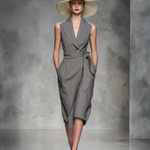 Women's Elegant Gray Sleeveless Collared Suit Dress With Belt