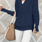 Half-Zip V-Neck Relaxed Rib-Knit Sweater