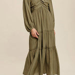 Green V Neck Bowknot Cutout Frill Tiered Maxi Dress