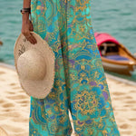 Ursime Swimwear Retro Ethnic Pattern Pocket Overall Jumpsuit