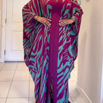 Batwing Sleeves Long Sleeves Contrast Color Printed Split-Front Split-Joint V-Neck Maxi Dresses