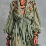 Boho-Vintage Elegant Embroidered Chiffon Maxi Dress