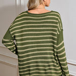 Green Stripe Casual Stripe Round Neck Drop Shoulder Sweater