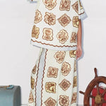 Lakeside Breeze Linen Blend Unique Print Elastic Waist Pocket Wide Leg Pants