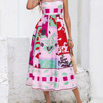 High Waisted Sleeveless Pleated Printed Split-Joint Collarless Midi Dresses Slip Dress