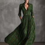 Women's Grey Sophisticated Tartan - Patterned Linen - Blend Flared Maxi Dress