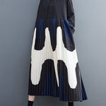 A-Line Long Sleeves Contrast Color Pleated Printing Split-Joint Polo Midi Dresses