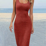 Skinny Sleeveless Solid Color Split-Side Striped U-Neck Midi Dresses
