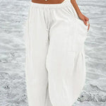 Elastic-waist Pleated Wide-leg Loose Cotton Linen Trousers