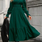 A-Line Flared Sleeves Elasticity Pleated Solid Color V-Neck Midi Dresses